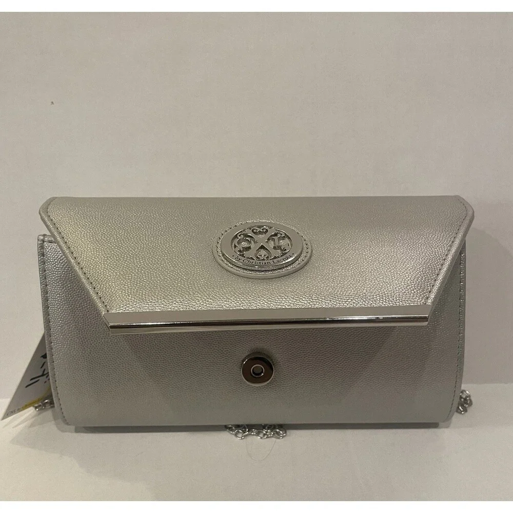 CXL Glam Caviar Clutch‎ Silver Detachable Chain Shoulder Bag New
